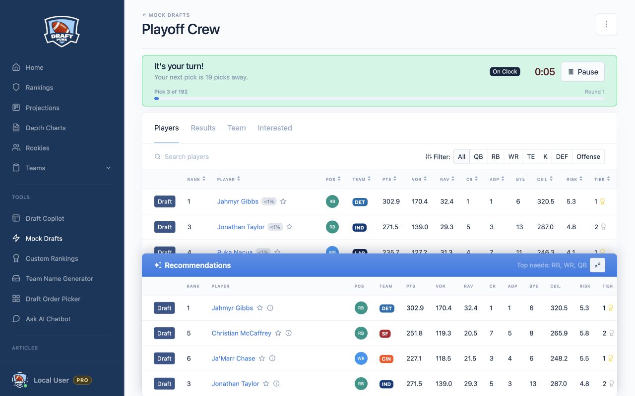 Draft Copilot recommendations in the Draft Punk Web draft room